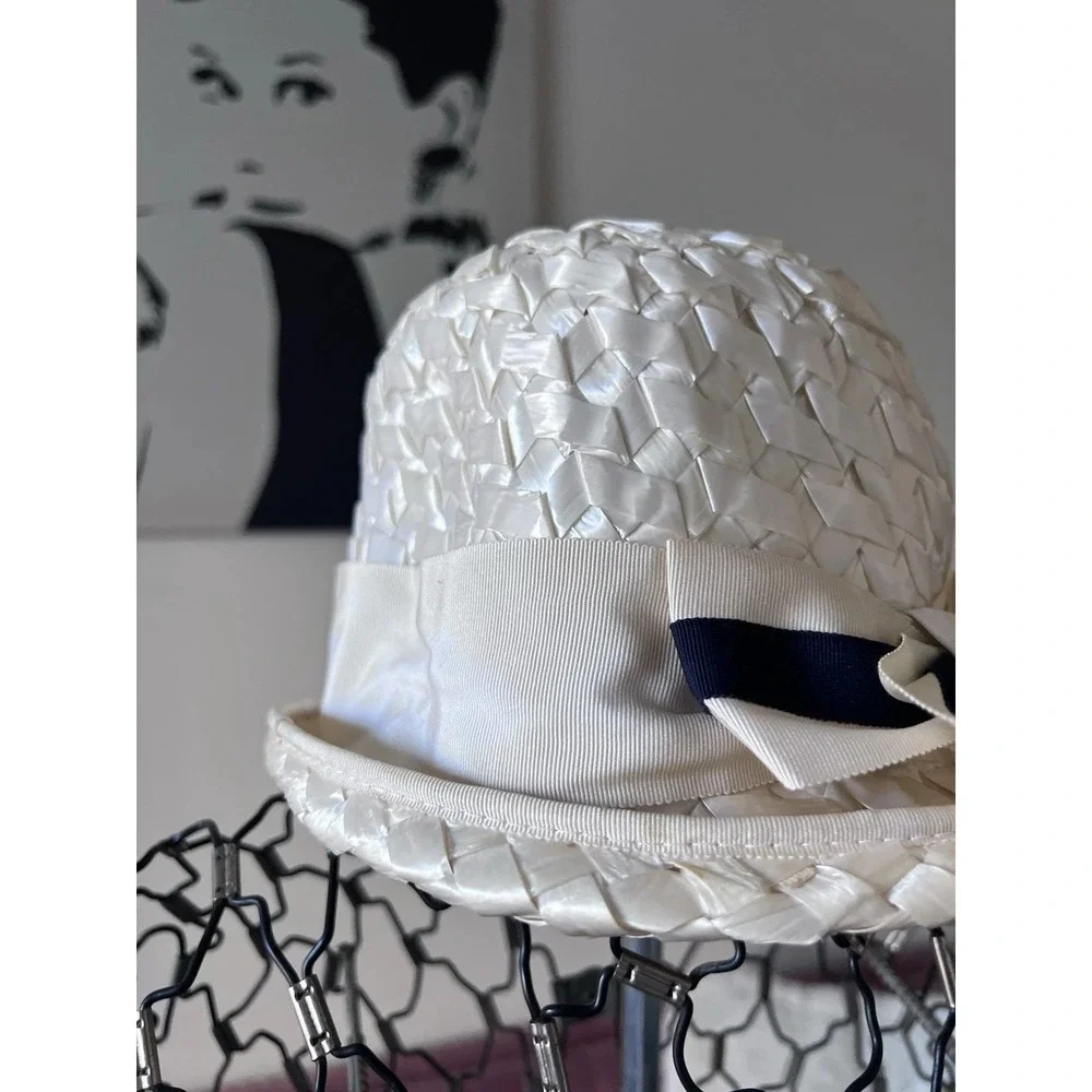 Vintage 60s Ivory Woven Straw Cloche Hat‎ Navy Blue Stripe Ribbon Bow Cream